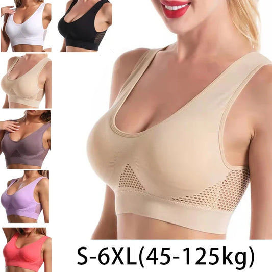 Seamless Women Sports Bra in multiple colors and sizes S-6XL for yoga and running. Features breathable mesh panels and four-way stretch fabric.